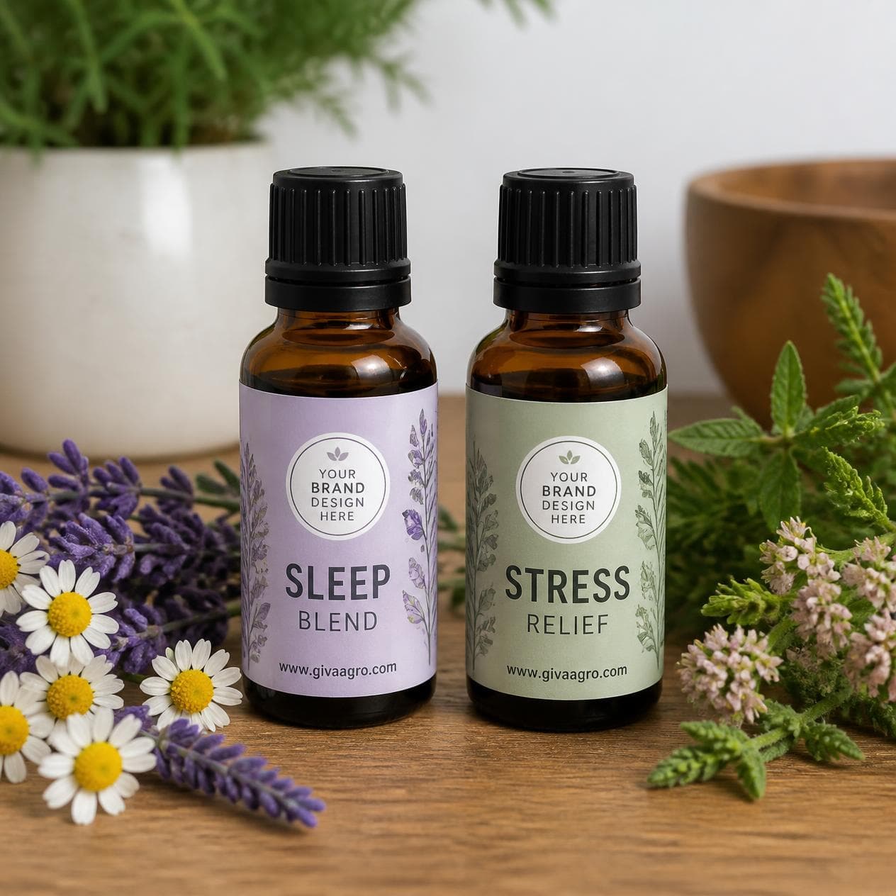 Private Label Essential Oil Blends: Sleep Blend and Stress Relief Blend for Wellness Brands.
